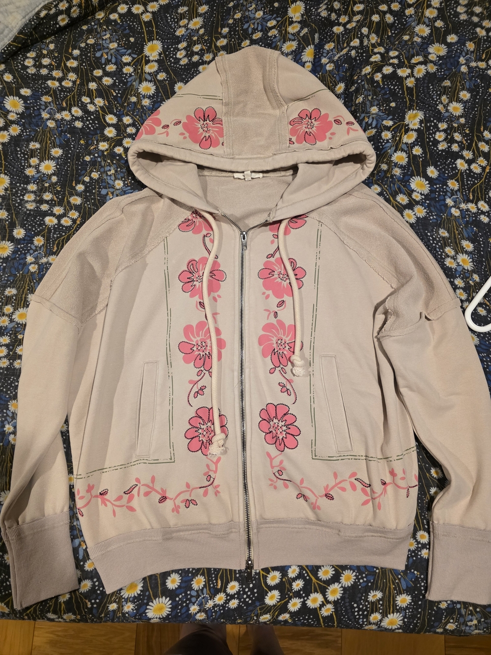 Women's Beige Floral Zip Hoodie Jacket